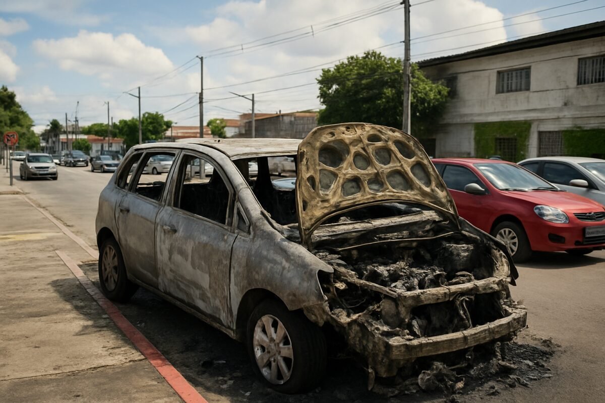 VÍDEO: Carro fica destruído após pegar fogo na Avenida Felizardo Moura, em Natal